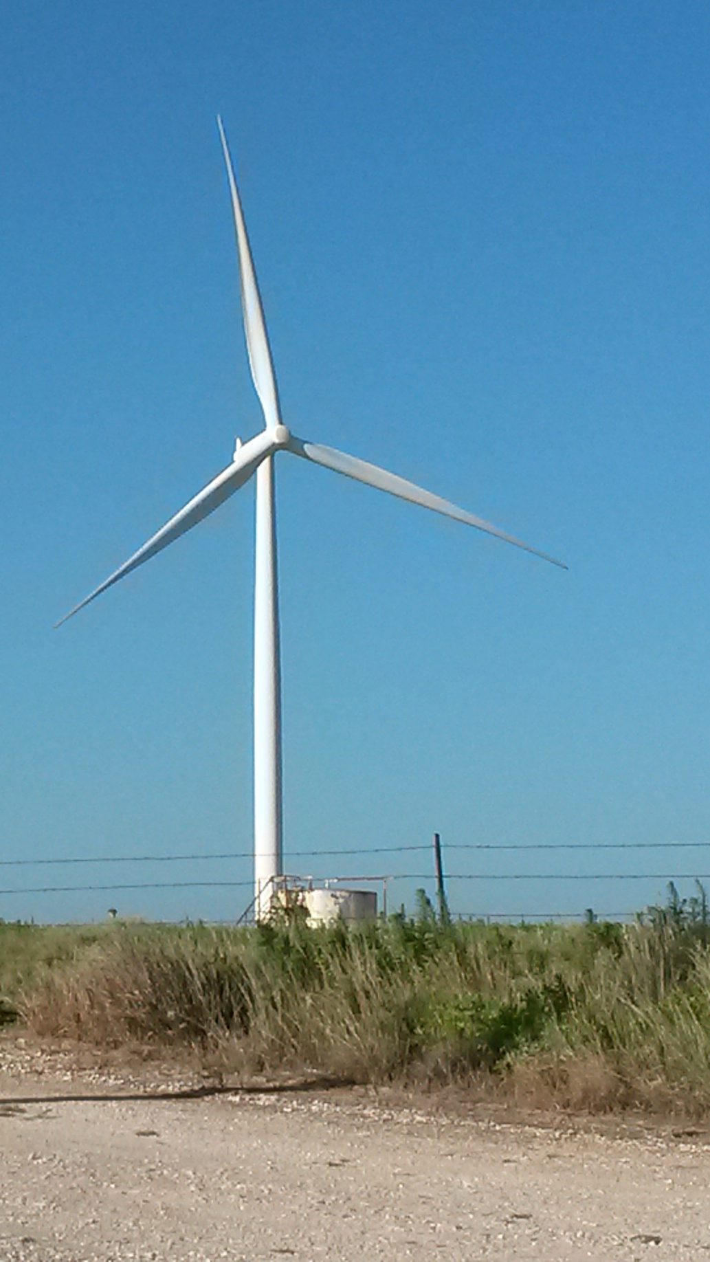 A wind turbine and petroleum pump, side by side